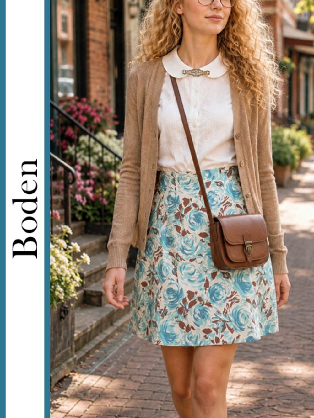 Boden | Vintage Blue Rose Floral Printed Cotton A-Line Skirt